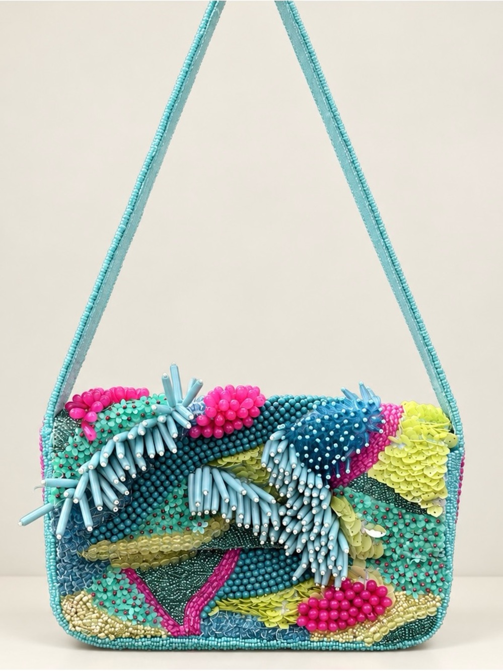 Handcrafted in India Turquoise Beaded Coral Reef Shoulder Bag